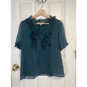 Loft Teal Textured Ruffle Top Blouse Size Small